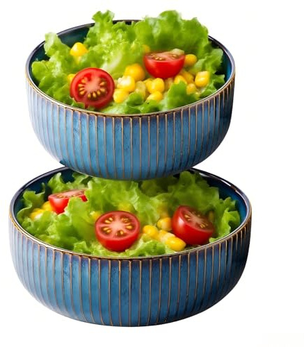 AstraLoom Salatschüssel – 1800 ml & 1000 ml Combo handgefertigte Keramikschale für Obst, Nudeln, Suppe, Durchmesser 21,3 cm und 15,3 cm (blau)