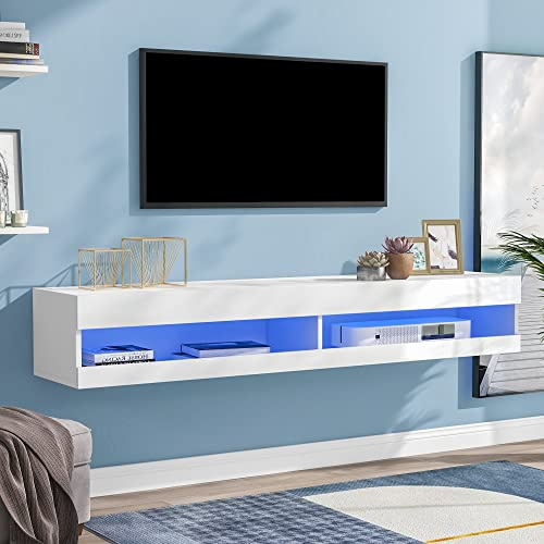 Merax Hochglanz TV Schrank mit LED-Beleuchtung, mit 2 Stauräume, Hängend Wand Lowboard Sideboard TV-Kommode Fernsehschrank Fernsehtisch für 60-Zoll-TVs, Weiß/140x40x30.5cm