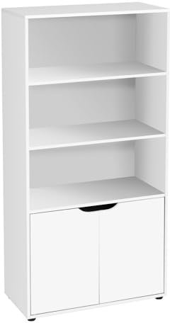 LOLAhome Estantería de Madera, Librería con Puertas y Compartimentos Abiertos, Mueble almacenaje, Organizador, en Color Blanco de 120x60x29 cm para Estudio,Dormitorio,Salón, Oficina y Biblioteca