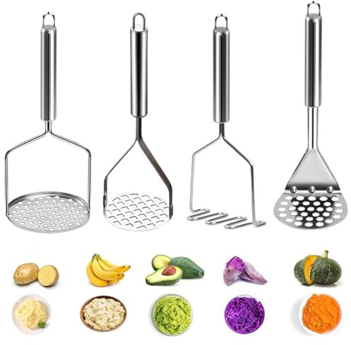 Potato Masher, 4PCS Stainless Steel Potato Masher, Stainless Steel Potato Ricer Masher, with Firm Grip Masher Kitchen Tool for Potatoes,Vegetables,Berries,Fruits,Baby Food,Avocado