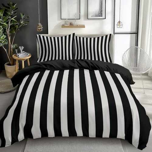Generisch 3D Bettwäsche 200 x 200 cm Bettwäsche Set Schwarze Und Weiße Vertikale Streifen Pflegeleicht, Schwarz Weich Mikrofaser Bettbezug mit Reißverschluss und Kissenbezüge, für Teens Erwachsener
