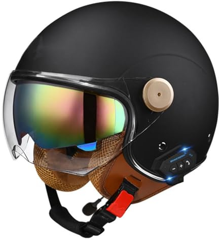 Retro 3/4 Bluetooth Motorcycle Open Face Half Helmet Microphone Dual Speakers and Double Visor Vintage Half Face Motorbike Bluetooth Helmet DOT Approved for Adults Men and Women(A,Medium)