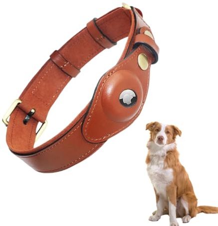 LiRui.R Airtag Hundehalsband Hundehalsband aus Leder mit weicher Polsterung Einstellbar um Verlust zu verhindern Für kleine, mittlere und große Hunde(Braun,L)