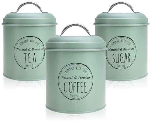com-four® 3x Vorratsdosen im Vintage Design - Runde Metalldosen zur Aufbewahrung von Kaffee, Tee und Zucker - Dekoratives Küchen-Set mit Deckel - Kaffeedose (3x pastell mintgrün)