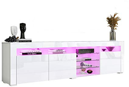 Moderne TV Tisch für Wohnzimmer, Hochglanz Weiß Fernsehschrank 180cm | mit LED Leuchten, 3 Türen Lagerung, TV Lowboard, TV-Schrank für Wohnmöbel