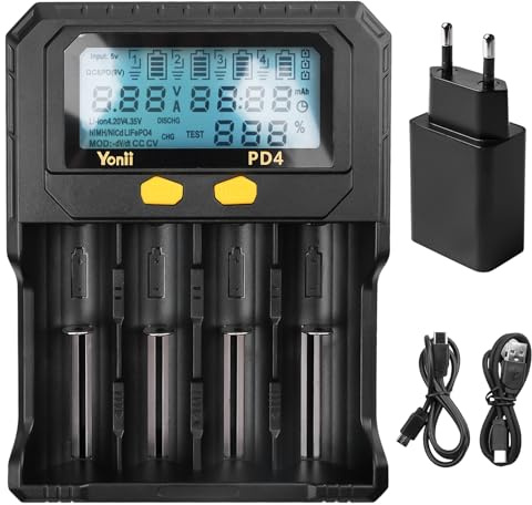 Universal Batterie Ladegerät, 18650 Akku Ladegerät 4 Slot mit Ladestecker Batterien Batteriekapazitätsprüfer mit LCD-Display für 1,5V/3,6V/3,7V Li-Ion 3,2V LiFePO4 1,2V NI-MH Batterien
