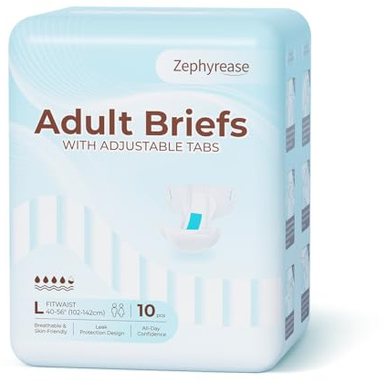 Zephyrease Quick-Dry Adult Nappies with Tabs for Men & Women, Enhanced Absorbency & Anti-Leak Protection, for Dry Skin & Odor Control Briefs, Comfortable & Discreet Fit, Unisex, Large, 10 Count