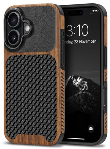 TENDLIN Coque Compatible avec iPhone 17 (Noir) | Etui Hybride en Bois et Carbone et Cuir Compatible avec iPhone 17