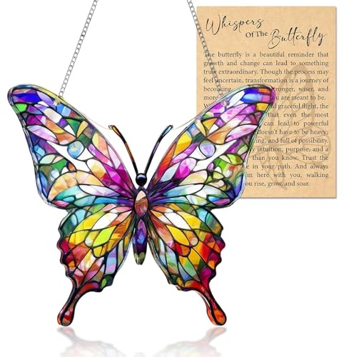 Schmetterling Sonnenfänger mit Grußkarte, Buntglas Sonnenfänger Fenster Fensterdekoration für Wandkunst, Fensterdeko Hängend Schmetterling Deko für Fenster, Terrasse, Haus, Garten