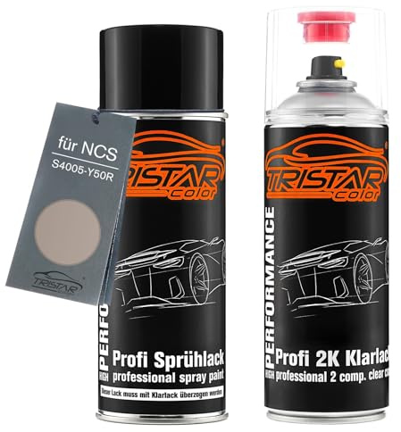 TRISTARcolor Autolack Set Spraydose für NCS S4005-Y50R Beige + 2K-Klarlack | Set aus Basislack + 2K Klarlack, Sprühdosen 400ml