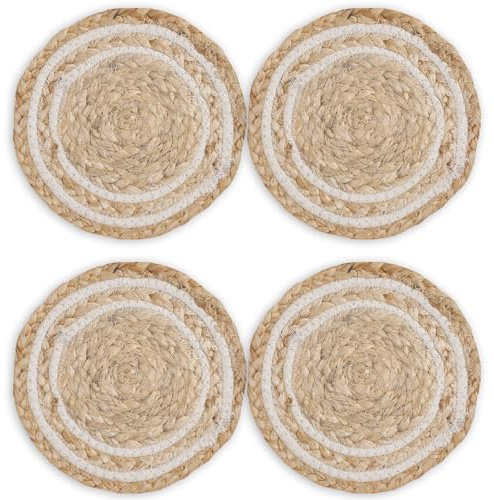 Encasa XO Sottopiatti Rotondi per Piatti Caldi | Decolorante naturale bianco sporco e iuta Set da 4, Diametro 18 cm | Sottopiatti Spessi in Juta Resistenti al Calore | Usa Come Sottopiatti per Pentole