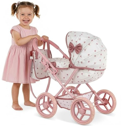 Carrozzina per bambole dai 2 anni – Passeggino per bambole pieghevole per bambini con borsa e cestino, ruote silenziose, passeggino leggero giocattolo per bambine
