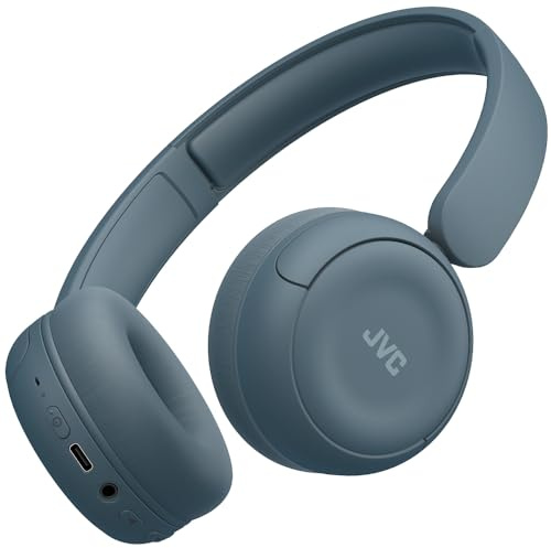 JVC Cuffie wireless HA-S59W-A con batteria da 50 ore, cuscinetti auricolari morbidi, design pieghevole, Bluetooth 5.3, Multipoint, App -EQ e microfono, Blu retrò