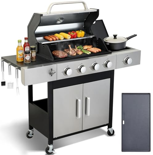 GRILL DEPOTS 4 Burner Propane Gas Grill | 49,000 BTU Cast Iron Grill, Storage, Side Burner, Pullout Oil Drip Tray | Perfect for outdoor Cooking, Garden, Backyard and Patio