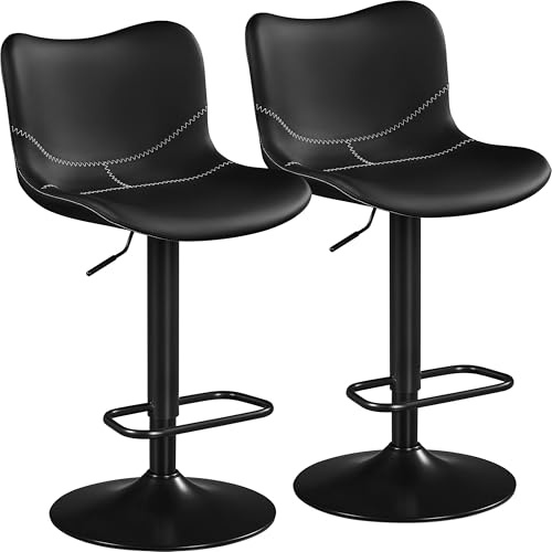 Yaheetech Bar Stools Set of 2, PU Leather Barstools with Backrest and Footrest, Height Adjustable Swivel Bar Chairs, Modern Armless Counter Stools Home Kitchen Island Stool, Black