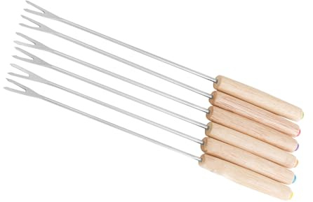 CHICIRIS Edelstahl-Fonduegabeln, Käsefondue-Stäbchen, 6 Stück, mit Holzgriff, Hitzebeständig, für Schokoladen-Käse-Party