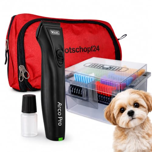 Arco Pro DIAMOND Akku Hunde Schermaschine, 8 Aufsätze + Tasche (1 Akku) | Für Wahl Liebhaber. XL-Li-Ionen Akku + 8 Metallaufsätze, leise. Drehzahlregelung. Premium Diamond-Blade-Schneidsatz