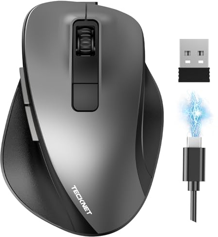 TECKNET Souris sans Fil Bluetooth, 3 Modes de Connexion (2.4G & BT5.0/3.0) | Batterie Rechargeable Intégrée de 700 mAh, Conception Ergonomique avec Repose-Pouce Élargi, 4800 DPI, Clic Silencieux, Gris