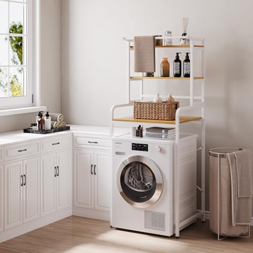 FLOWCASA Waschmaschinenregal Weiß 180cm – 3 Ablagen + Haken, E1 Spanplatte & Metall, bis 20kg, platzsparend für Waschmaschine, Toilette, Bad – 70x60x180 cm