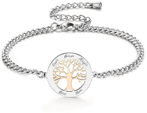 MunkiMix Bracelet Arbre de Vie Personnalisé pour Femme Bracelets de Famille en Acier Inoxydable avec Gravure de Noms Cadeaux Arbre de Vie pour Maman Fille Mamie