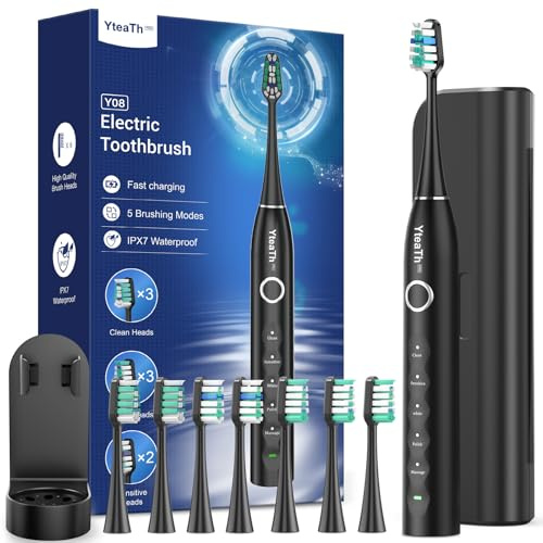 Sonic elektrisk tandborste för vuxna med 8 huvuden, matt svart | 120 dagars batteritid, 5 lägen, resefodral, IPX7, 2 minuters smart timer