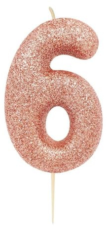 Anniversary House Age 6 Glitter Numeral Moulded Pick Candle Rose Gold