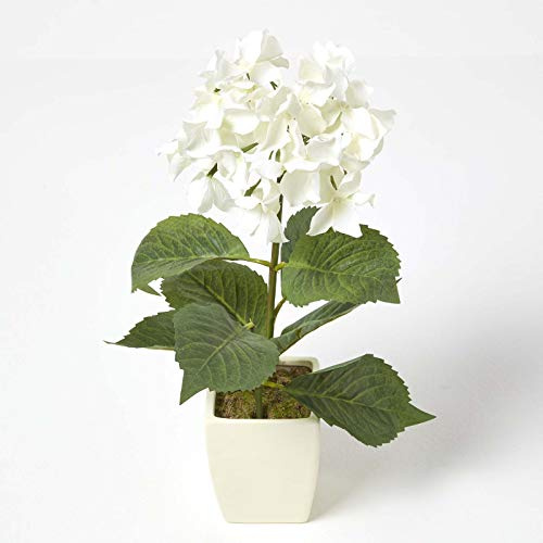 HOMESCAPES Cream Hydrangea Artificial Plant in Mat Cream Pot, 38cm tall Indoor Faux Flower