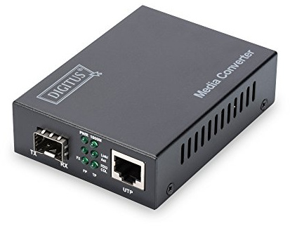 DIGITUS Medienkonverter – RJ45 auf SFP+ – 10 Gbit Ethernet – Kupfer zu Glasfaser – 10GBase-T zu 10GBase-R – 80km Reichweite – Auto MDI/MDI-X Funktion – Schwarz