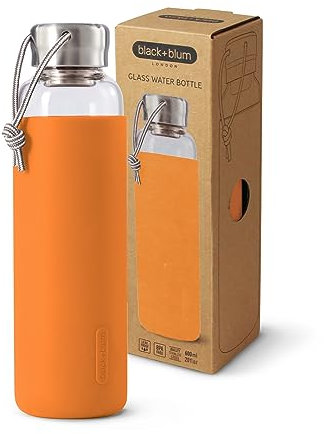 BLACK+BLUM - Glass Water Bottle - Leak Proof, Lightweight Borosilicate Glass Bottle with Screw-Fit Lid, Carry Loop and Protective Sleeve - Freezer Safe, Orange - 600ml