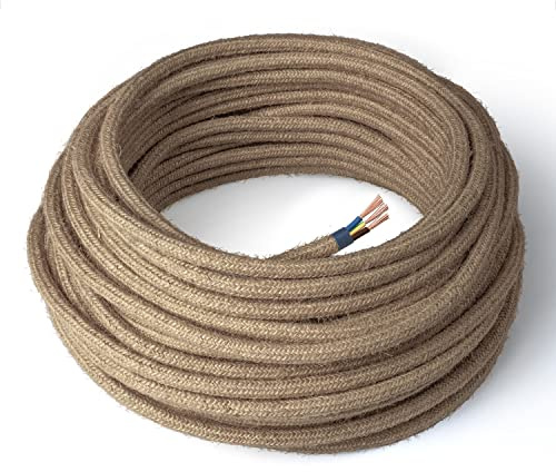 Amarcords - Câble électrique textile couleur JUTE, rond, jute, 10 mètres, avec mise à la terre 3x0,75 - Fil vintage en tissu coloré, pour lampes, lustres, appliques et abat-jours.