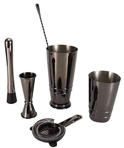 Juego de cócteles, 5 piezas/juego Acero inoxidable negro Coctelera Boston Vaso medidor Colador Cuchara de mezcla Juego Coctelera