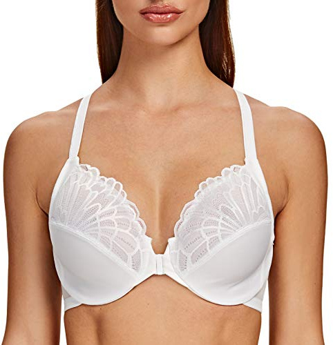 MELENECA Women's Front Fastening Racerback Plus Size Stretch Lace Underwire Unlined Bras White 38G