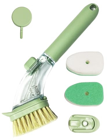 Updated Dish Brush with 3 Replaceable Heads, No Leaking Soap Dish Scrubber, Kitchen Dish Brush with Soap Dispenser for Pot Pan Sink Cleaning