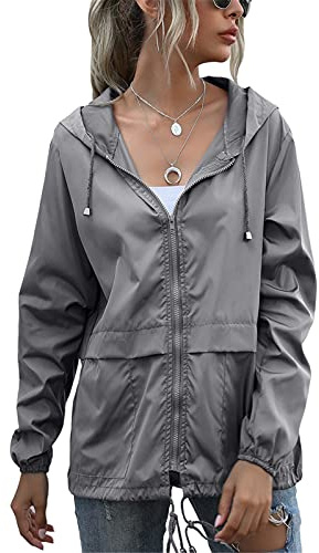 SotRong Chaquetas impermeables ligeras plegables para mujer, chaqueta a prueba de viento para ciclismo al aire libre, chaqueta con cremallera con capucha impermeable de secado rápido, gris, L