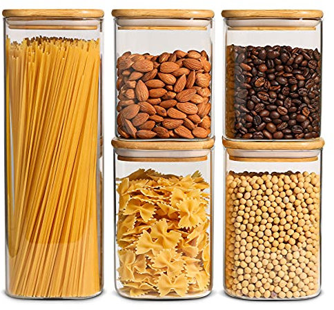 ComSaf 800ml/1100ml/2100ml Vorratsgläser Eckig 5er Set, Φ10cm Vorratsgläser mit Deckel zur Küchenzutaten Luftdichte Glasbehälter für Nudeln, Mehl, Müsli, Zucker Vorratsdosen Glas mit Deckel