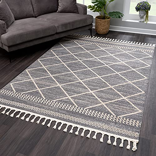 payé Teppich Wohnzimmer Kuzflor - Grau - 160x230cm - mit Fransen Deko Boho Rautenmuster Schlafzimmer Flur Dekoration Läufer - Skandinavische Teppiche