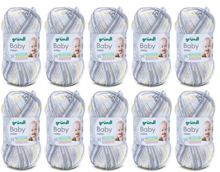 Gründl Wolle Baby color - Babywolle zum Häkeln und Stricken mit Farbverlauf - Weich und hautfreundlich - 70 % Polyacryl, 30 % Polyamid - 10 Knäuel 50 g / 150 m - Nadelstärke 3,5 -4,5 - stein-weiß