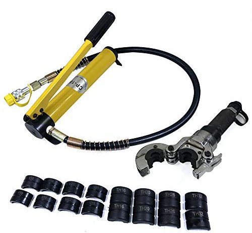 Pince à Sertir Hydraulique HaroldDol 6T Pince à Sertir Presse Radiale Outil de Tuyauterie en Cuivre avec 9 Matrices, en Forme de V 12-28mm, en Forme de TH 16-32mm, Jaune,noir,argent