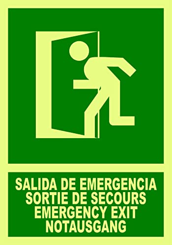 Seribas Señal Salida de Emergencia en varios idiomas, Fotoluminiscente Clase B, Cartel PVC 0,7 mm. Tamaño 21 x 30 cm, Homologada, Señal de Evacuación.