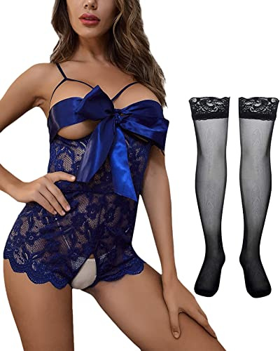 NLAND Ropa Interior para Mujer De Una Pieza Babydoll De Encaje Medias De Lazo De Satén Entrepierna Abierta Pijama De Peluche De Una Pieza