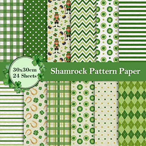 Whaline 12 Designs St. Patrick's Day Muster-Papier, Packung mit 24 Blättern, grünes Glückskleeblatt, Streifen, kariert, Punkt, Scrapbooking, dekoratives Bastelpapier für Kartengestaltung, 30x30 cm