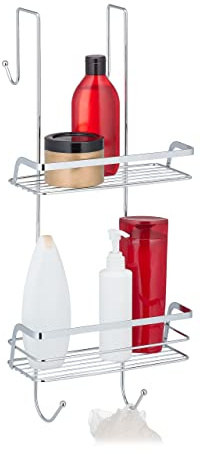 Relaxdays Duschablage zum Hängen, 2 Körbe, 4 Haken, Duschregal ohne Bohren, verchromtes Eisen, Duschaufhängung, silber, 60 x 25.5 x 22.5 cm
