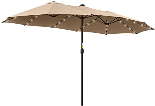 Outsunny Ombrellone da Giardino Doppio 4.5x2.65 m LED Solare | 48 Luci Solari, Manovella, Ombrellone per Esterno, 12 Stecche in Acciaio e Poliestere, per Cortile Terrazza Balcone