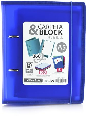 Carpeta & Block A5 (cuartilla) - Carpeta de 2 Anillas con bordes reforzados y Cierre de Gomas - Incluye 100 hojas con 5 Separadores Dobles más 10 Indicadores adhesivos by Office Box. (Azul)