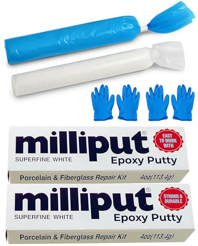 Milliput Epoxy Putty Modeling Paste - Porcelain and Fiberglass Repair Kit - Superfine White Sculpting Clay for Adults, 2 Pack with Gloves - For Fiberglass Bathtub Chip and Ceramic Tile Repairs