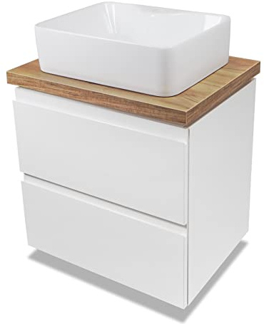 VBChome Badmöbel 60 cm Weiß Aufsatzwaschbecken mit Hahnloch 49x38 cm Aufsatzwaschtisch mit Waschbeckenunterschrank 2 Schubladen Moduo Badezimmerschrank Modern