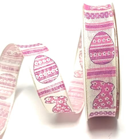 Schleifenband 20m x 25mm beige - pink Ostern Osterhase Osterei Dekoband [6217]