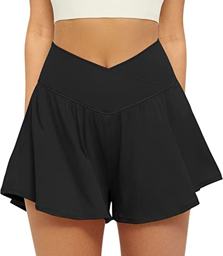 FireSwan Crossover Athletic Shorts for Women 2 in 1 Flowy Running Shorts with Pockets Spandex Butterfly Workout Tennis Skorts Black