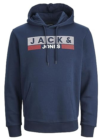 JACK & JONES Huvtröja för män plus size logo huvtröja, Navy Blazer/tryck: play 4, 8XL plus size