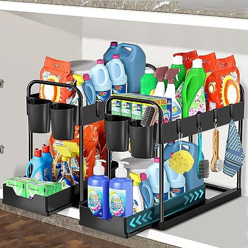 HABOWN Organizer Sottolavello Cucina 2 Livelli, Estraibile Organizzatore Cucina con 8 Ganci e 4 Tazze, Sottolavello Portaoggetti Ripiano Cassetto, Organizzatore per lavello Bagno (Nero,2 Pezzo)